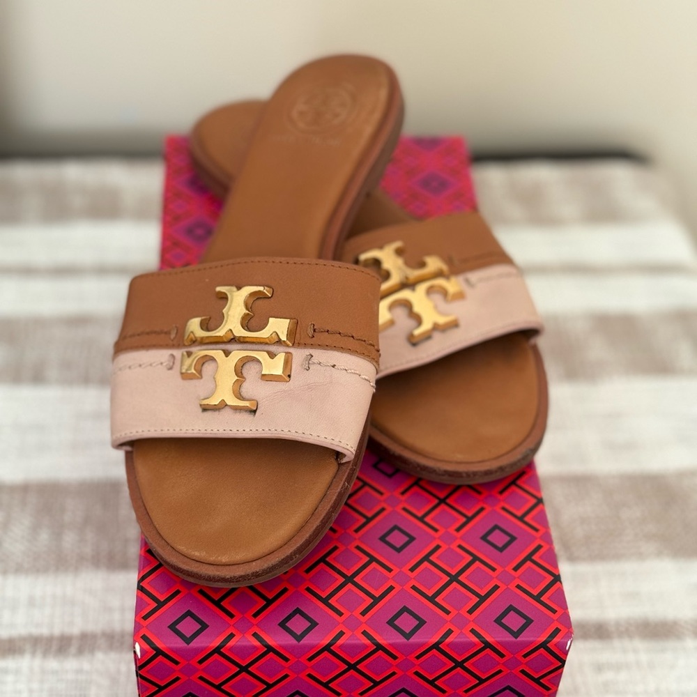 Tory Burch Everly Slide Tan/Sea Shel Pink Size US 6